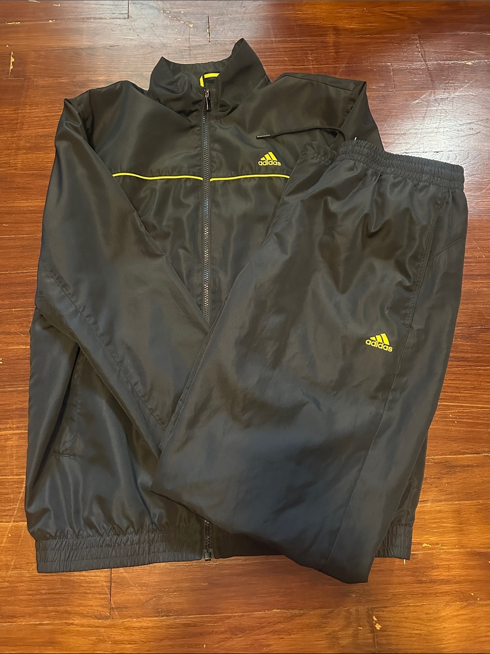 adidas Black Track Jacket and Pants with Yellow Trim, Men’s Medium